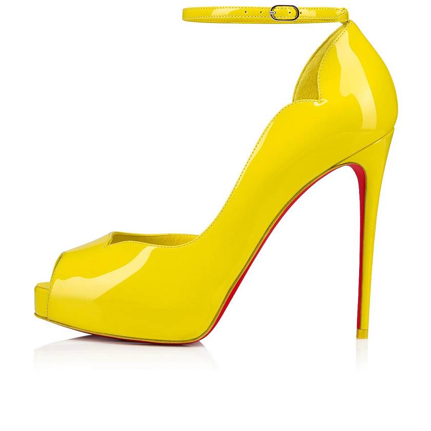 Women's Christian Louboutin Round Chick Alta 120mm Patent Leather Peep Toe Pumps - Yellow [4253-190]
